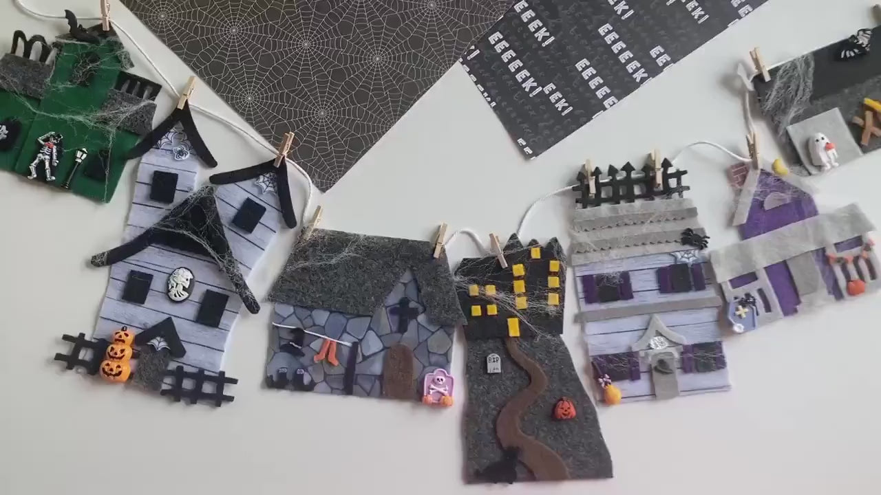 Haunt Houses Felt Banner, Spooky Village Garland, Halloween Bunting, Wall Hanging Decoration for Parties and Home Decor