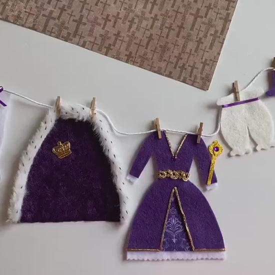 Queen’s Laundry Line, Miniature Felt Clothesline Banner, Medieval Costume Bunting, Decoration for Party or Renaissance Faire