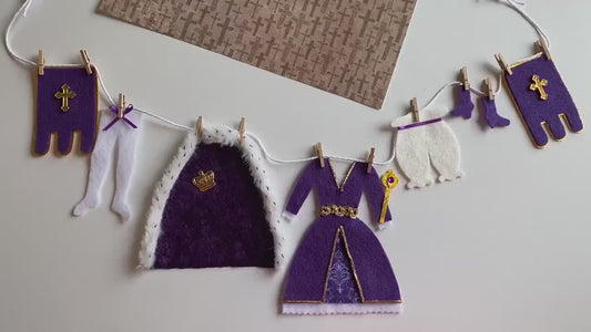 Queen’s Laundry Line, Miniature Felt Clothesline Banner, Medieval Costume Bunting, Decoration for Party or Renaissance Faire