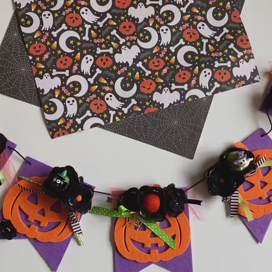 Jack O’Lantern Banner Halloween Flag Pennant Bunting Felt Flower Garland Wall Hanging for Decoration with Ghost and Spider