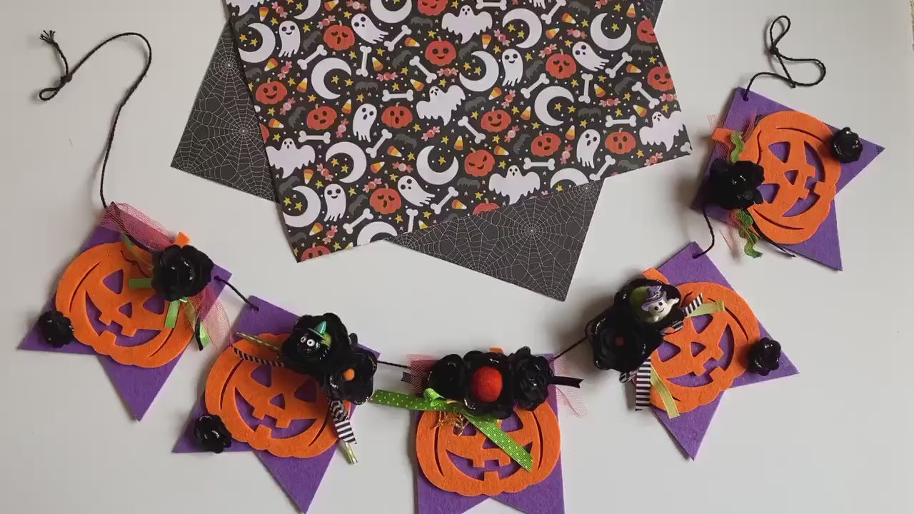 Jack O’Lantern Banner Halloween Flag Pennant Bunting Felt Flower Garland Wall Hanging for Decoration with Ghost and Spider