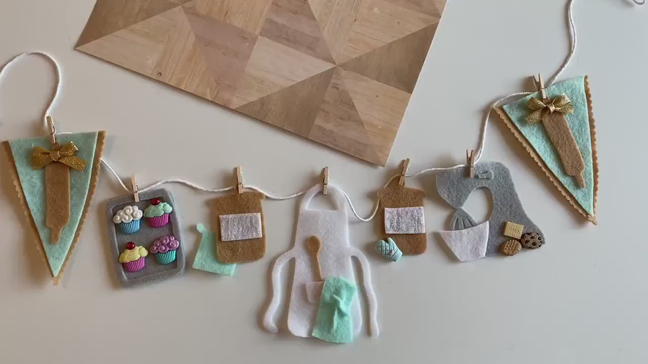 Baking Miniature Felt Banner, Apron Bunting, Cooking Wall Hanging, Kitchen Garland, Bakery Decoration