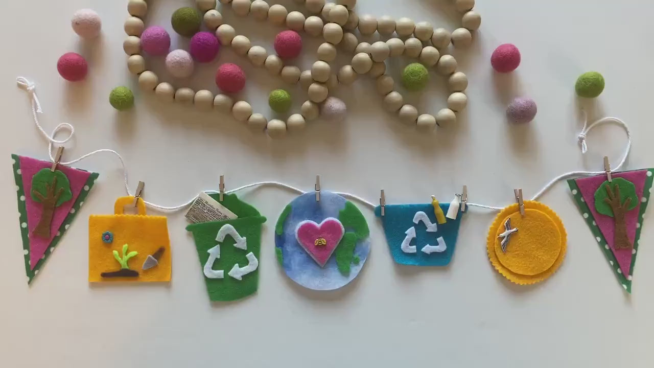Earth Day Miniature Felt Banner, Earth-Friendly Garland, Bunting, Wall Hanging Decoration