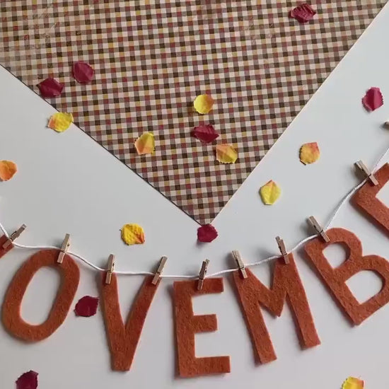 November Monthly Banner, Turkey Garland, Classroom Bulletin Board Bunting with Pilgrim Hat and Leaves