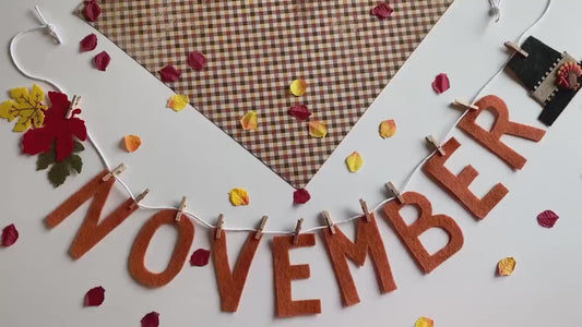 November Monthly Banner, Turkey Garland, Classroom Bulletin Board Bunting with Pilgrim Hat and Leaves