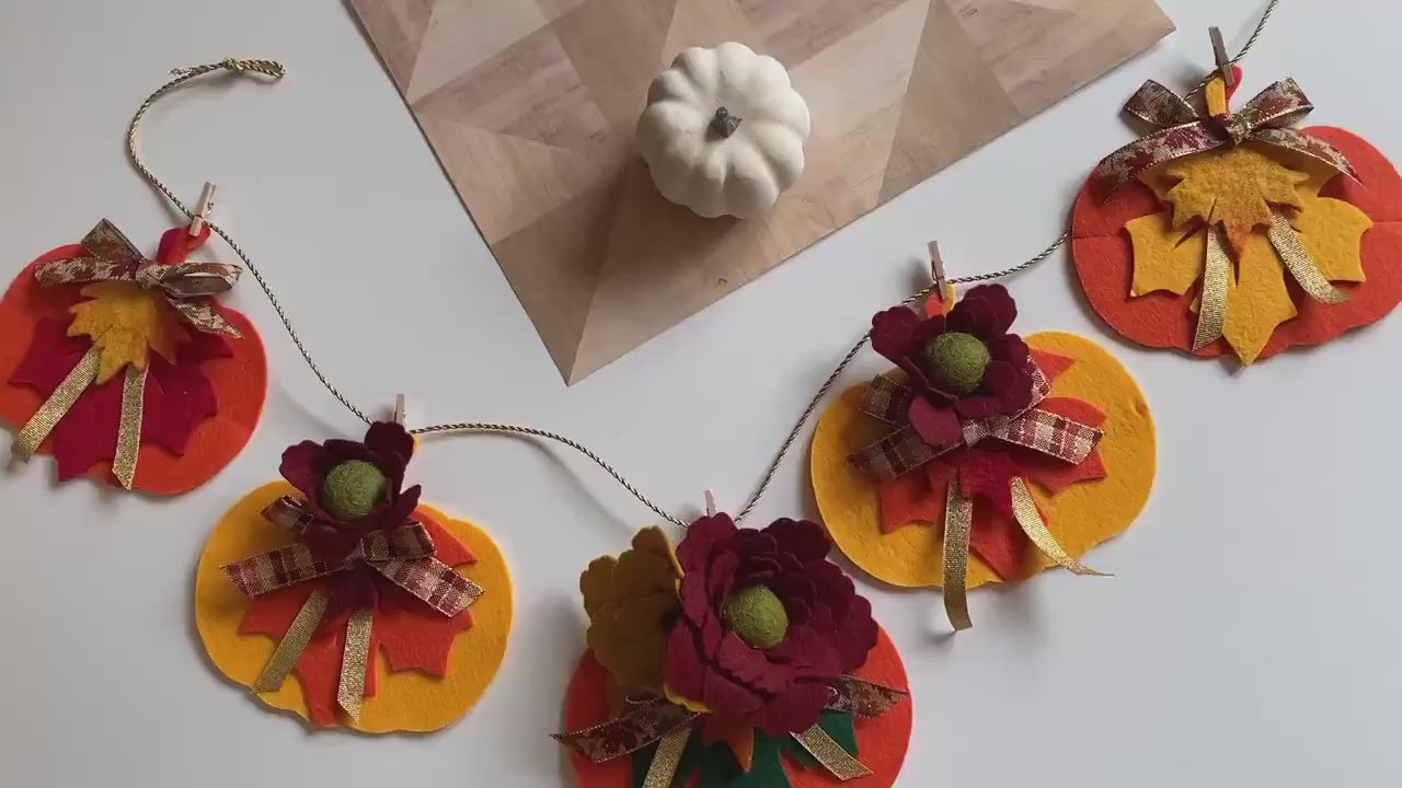 Fall Leaf and Pumpkin Banner Felt Garland Autumn Bunting Felt Flower Wall Hanging Seasonal Decoration