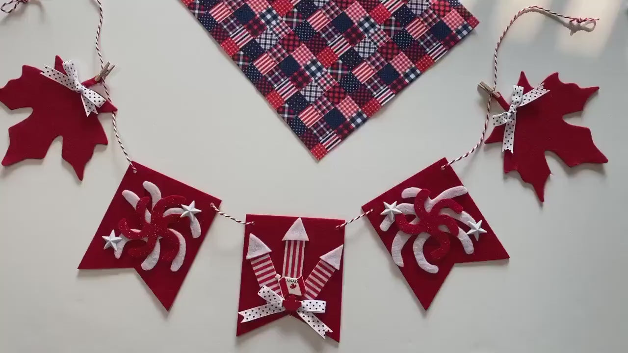 Canada Day Banner, Felt Canadian Holiday Garland for July, Red and White Fireworks Bunting, Wall Hanging Decoration for Home Décor or Party
