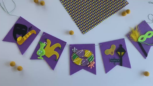 Mardi Gras Flag Bunting with Pennants featuring Bourbon St, King Cake, Masks, Fleur de Lis, Drinks, Beads, and Saxophone