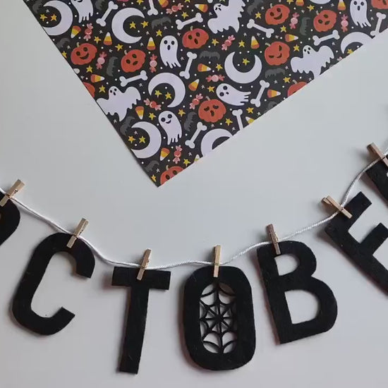 October Monthly Banner, Halloween Garland, Classroom Bulletin Board Bunting with Spider Web, Pumpkin, and Ghost