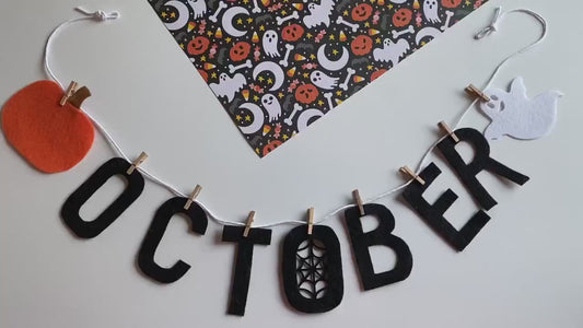 October Monthly Banner, Halloween Garland, Classroom Bulletin Board Bunting with Spider Web, Pumpkin, and Ghost