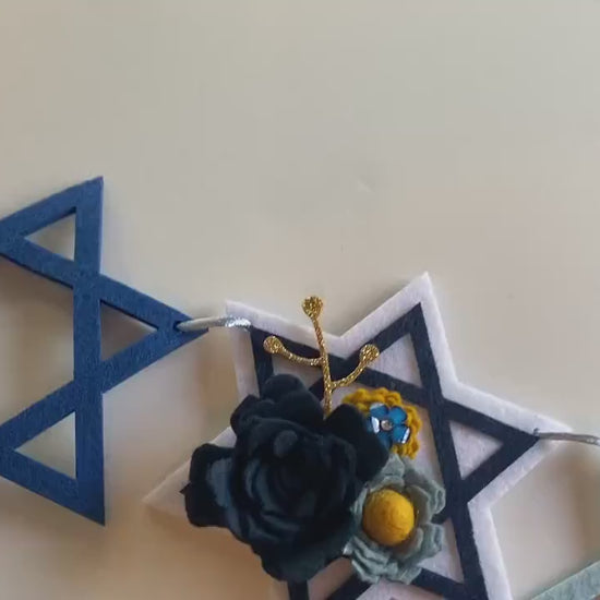 Hanukkah Star Felt Banner, Blue and Gold Felt Flower Garland, Jewish Religious Bunting, Wall Hanging Holiday Home Decoration