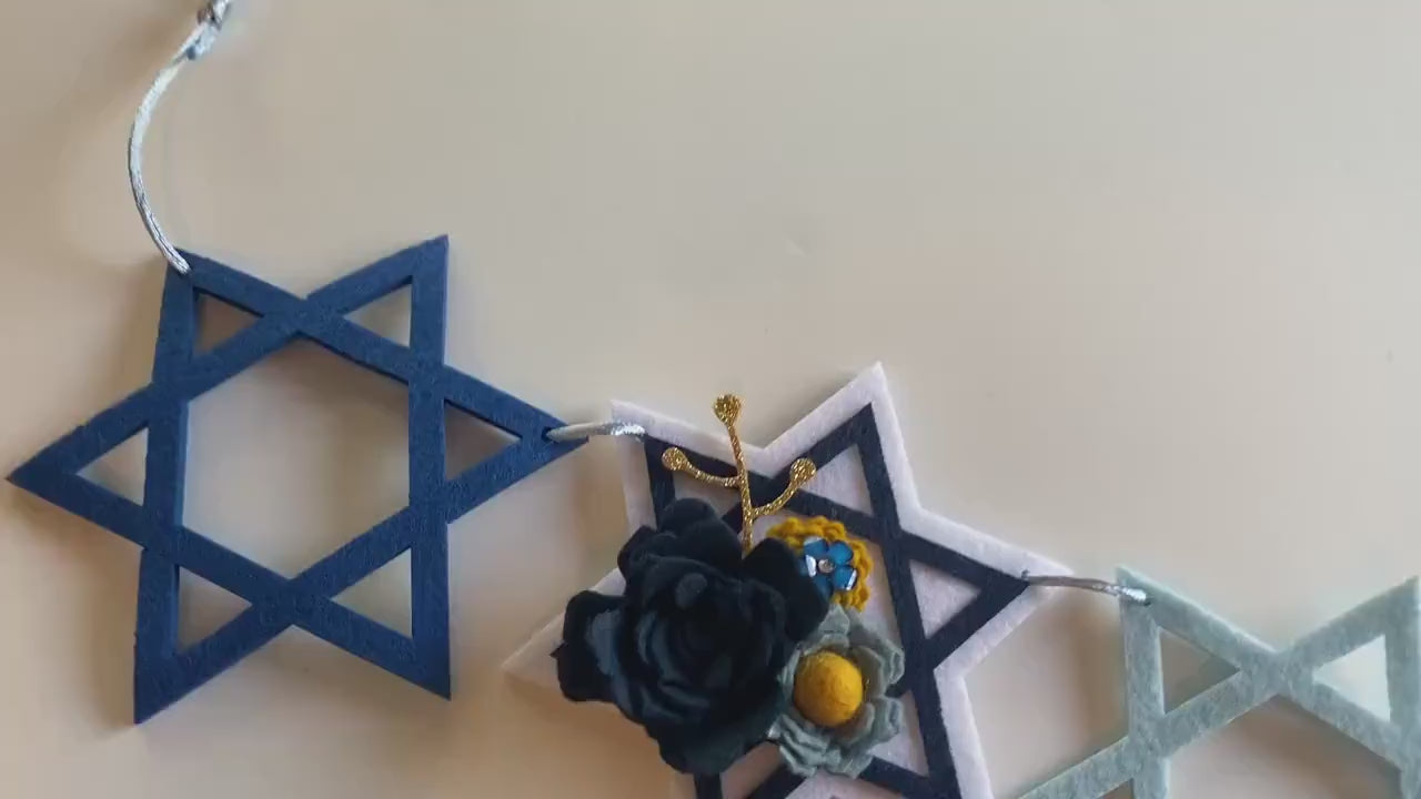 Hanukkah Star Felt Banner, Blue and Gold Felt Flower Garland, Jewish Religious Bunting, Wall Hanging Holiday Home Decoration