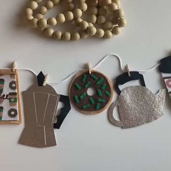 Coffee Lovers Banner, Miniature Felt Garland, Coffee Bean Bunting, Coffee Bar Wall Hanging Decoration