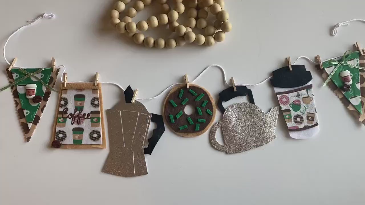 Coffee Lovers Banner, Miniature Felt Garland, Coffee Bean Bunting, Coffee Bar Wall Hanging Decoration