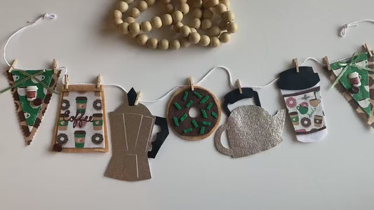 Coffee Lovers Banner, Miniature Felt Garland, Coffee Bean Bunting, Coffee Bar Wall Hanging Decoration