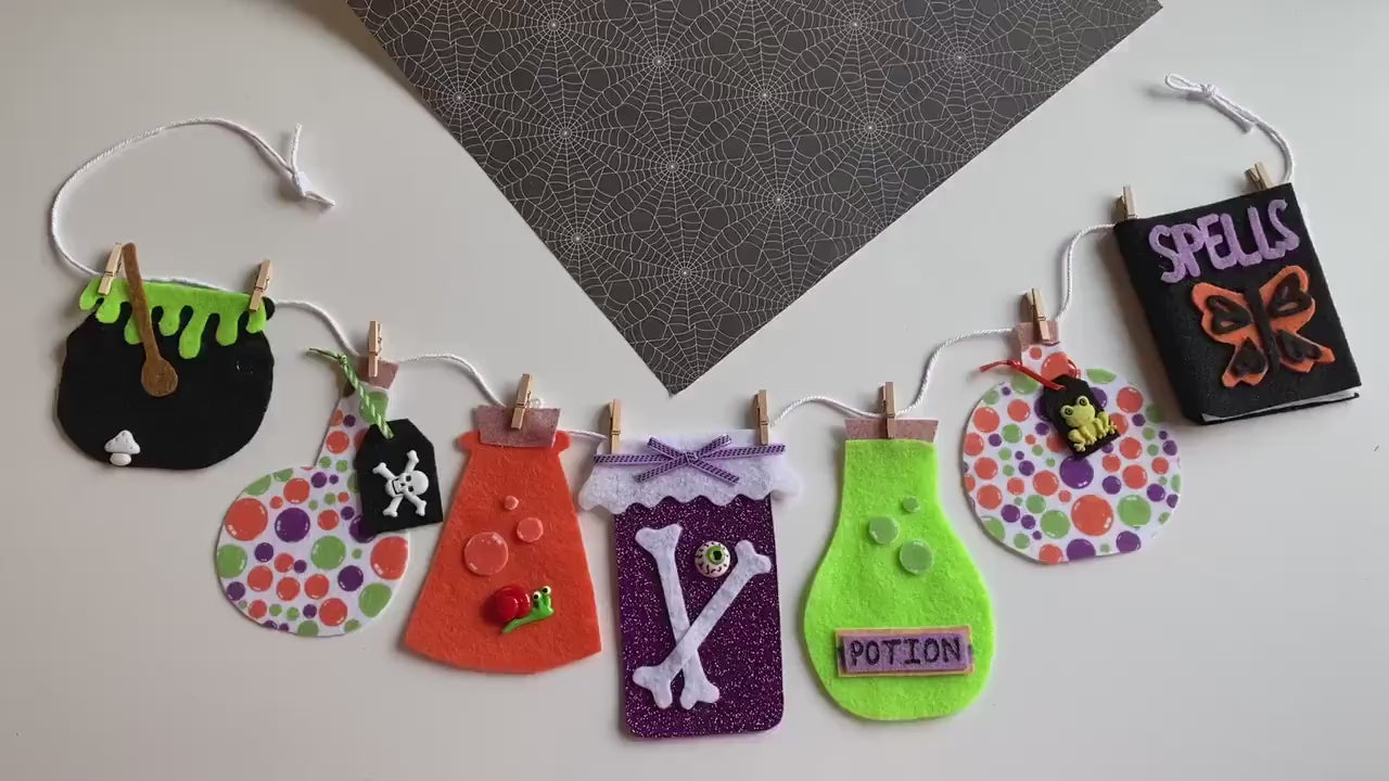 Halloween Potions Banner, Witch’s Spell Book Garland, Bunting, Decoration for Parties or Home Decor