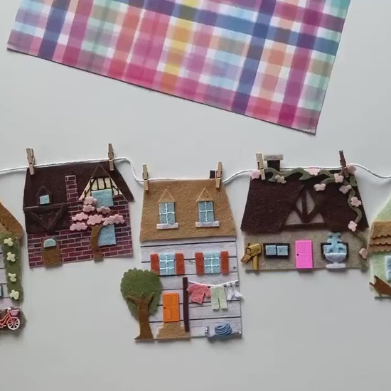 Springtime Houses Village Banner, Summer Town Garland, Cottages Bunting, Felt Wall Hanging Decoration