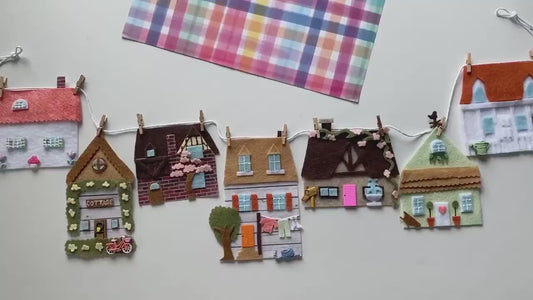 Springtime Houses Village Banner, Summer Town Garland, Cottages Bunting, Felt Wall Hanging Decoration