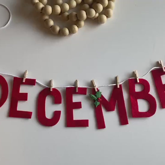 December Monthly Banner, Christmas Tree Garland with Snowflake, Classroom Bulletin Board Bunting with Holly