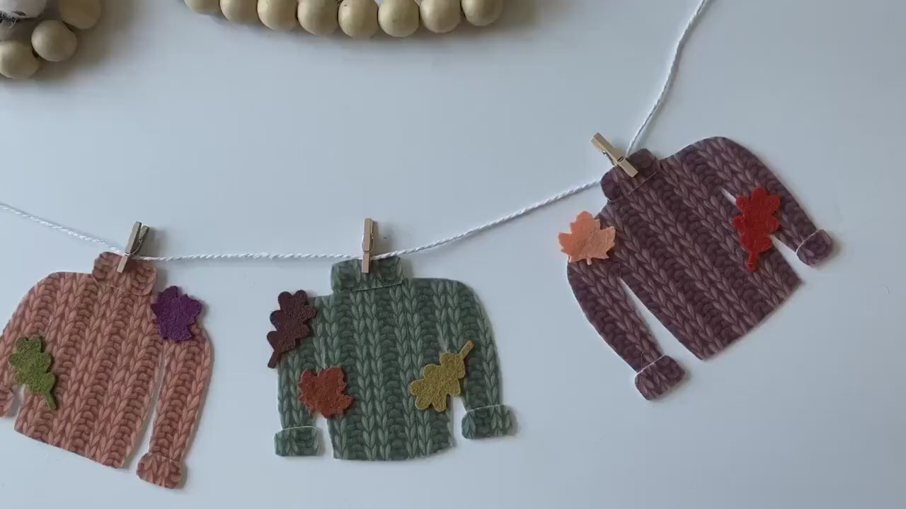 Fall Felt Faux Knitted Sweater Banner with Leaves Autumn Miniature Clothesline Wall Hanging Bunting Decoration