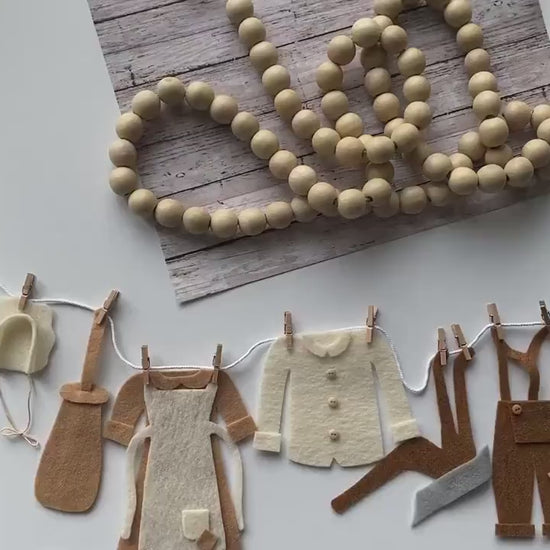 Farmer Miniature Felt Clothesline Banner, Farmhouse Garland, Farm Boy & Girl Bunting, Colonial Times Wall Hanging, Early America Decoration