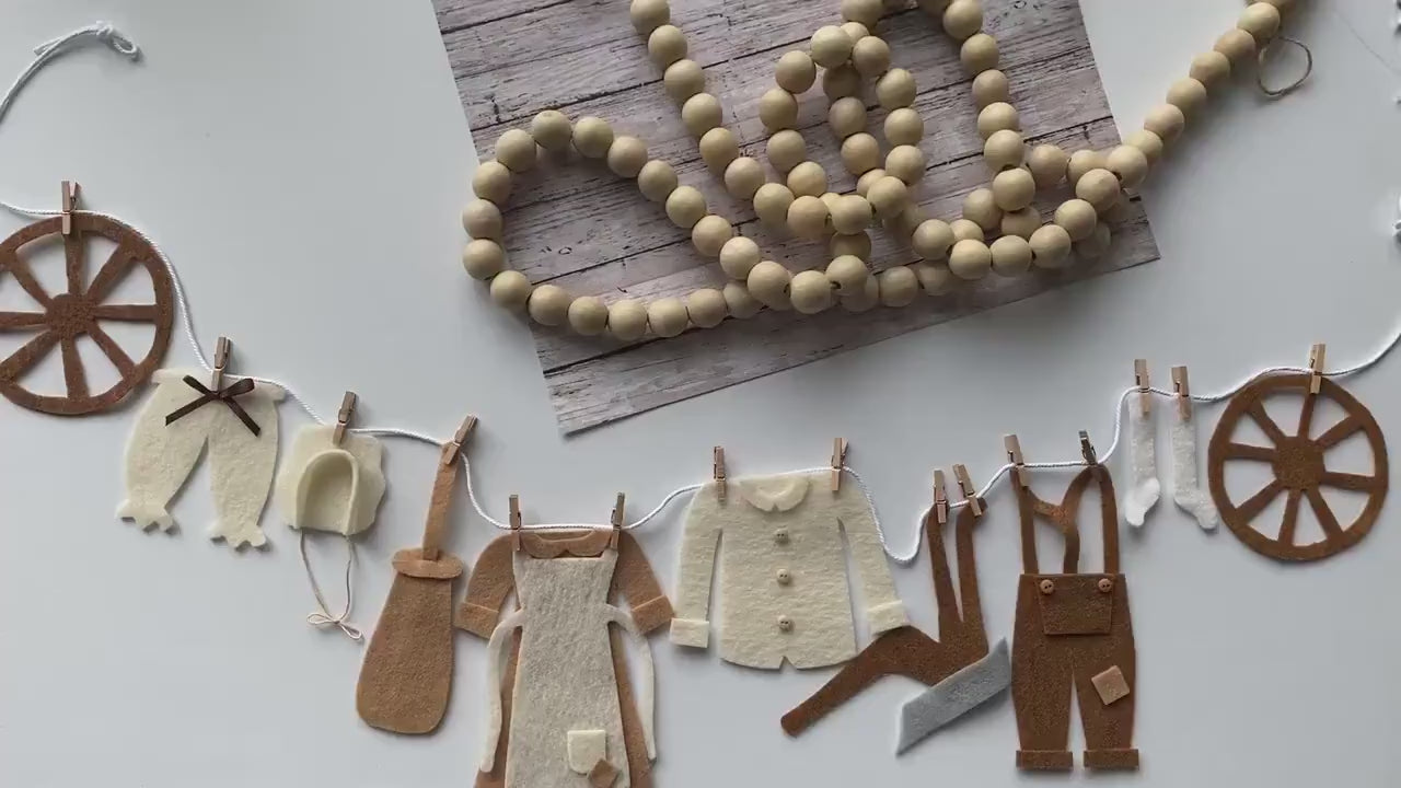 Farmer Miniature Felt Clothesline Banner, Farmhouse Garland, Farm Boy & Girl Bunting, Colonial Times Wall Hanging, Early America Decoration