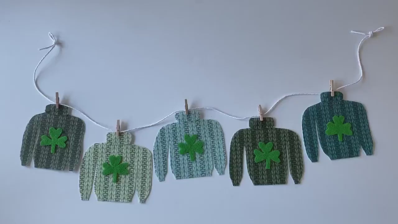 Miniature Felt St. Patrick’s Day Ugly Sweater Clothesline, Faux Knit Banner, St. Paddy’s Day Bunting Garland Wall Hanging for Decoration