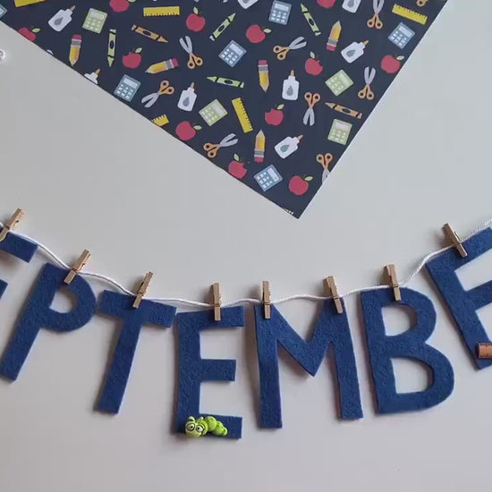 September Monthly Banner, Back to School Garland, Classroom Bulletin Board Bunting with Bus, Apple, Pencil, Bookworm and Ruler