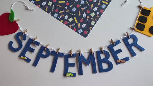 September Monthly Banner, Back to School Garland, Classroom Bulletin Board Bunting with Bus, Apple, Pencil, Bookworm and Ruler