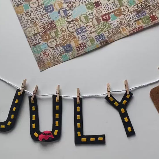 July Monthly Banner, Road Trip Garland, Bunting with Airplane and Suitcase