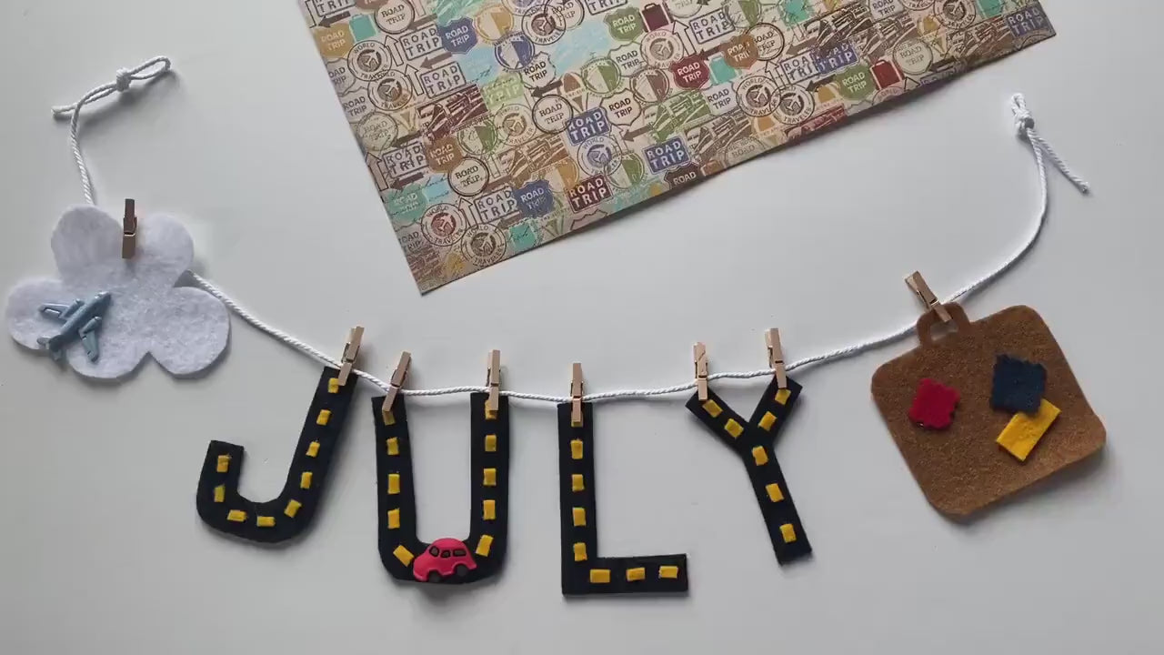 July Monthly Banner, Road Trip Garland, Bunting with Airplane and Suitcase