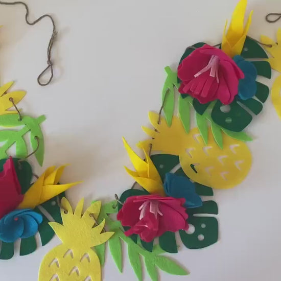 Tropical Hibiscus Pineapple and Monstera Leaf Felt Garland Summer Luau Banner Bunting Wall Hanging Decoration for Parties and Home Decor