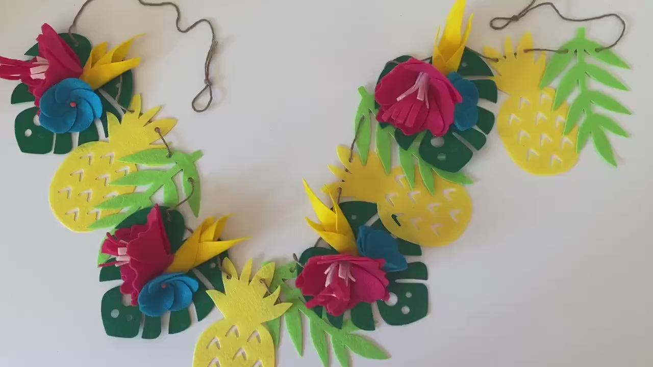 Tropical Hibiscus Pineapple and Monstera Leaf Felt Garland Summer Luau Banner Bunting Wall Hanging Decoration for Parties and Home Decor