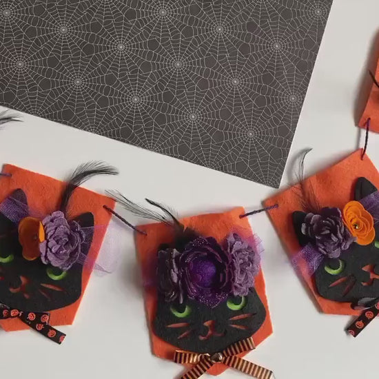 Halloween Cat Flag Pennant Banner with Felt Flowers Garland Bunting Wall Hanging for Decoration