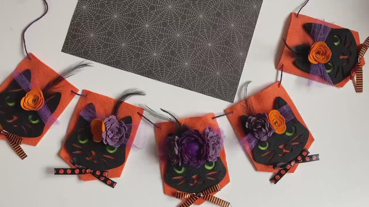 Halloween Cat Flag Pennant Banner with Felt Flowers Garland Bunting Wall Hanging for Decoration