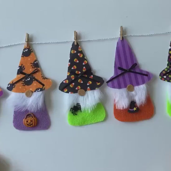 Halloween Gnomes with Beards Felt Banner with Witch Hats Bunting Garland Wall Hanging Decoration