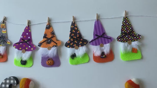Halloween Gnomes with Beards Felt Banner with Witch Hats Bunting Garland Wall Hanging Decoration