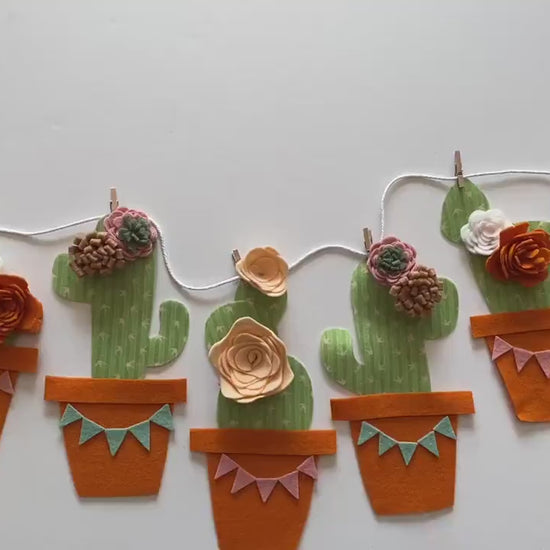 Cactus Banner with Felt Flowers, Desert Cacti Bunting, Garland, Wall Hanging, Summer Decoration