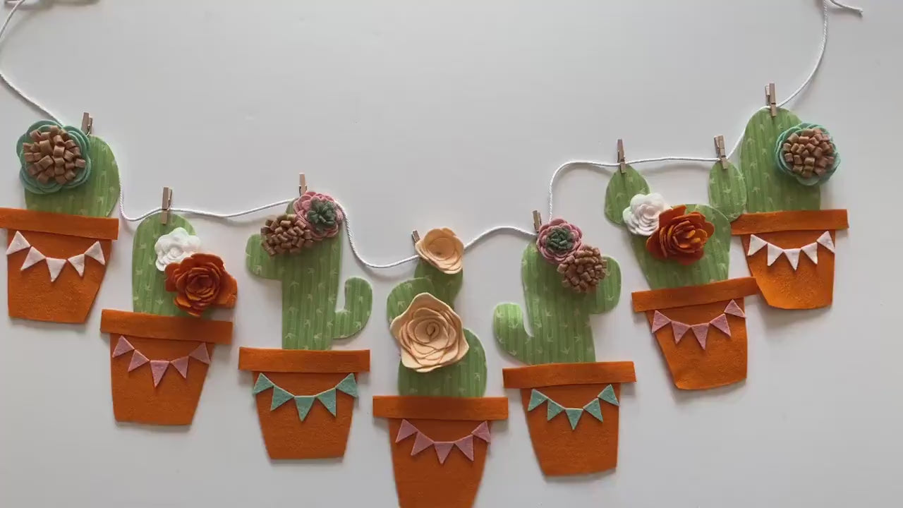 Cactus Banner with Felt Flowers, Desert Cacti Bunting, Garland, Wall Hanging, Summer Decoration
