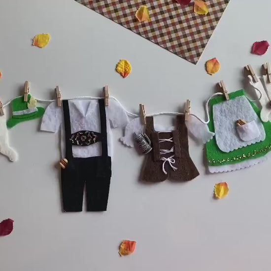 Octoberfest Wench Banner, German Lederhosen Laundry Line Clothesline, Pretzel, Bratwurst and Beer Garland, Wall Hanging October Decoration