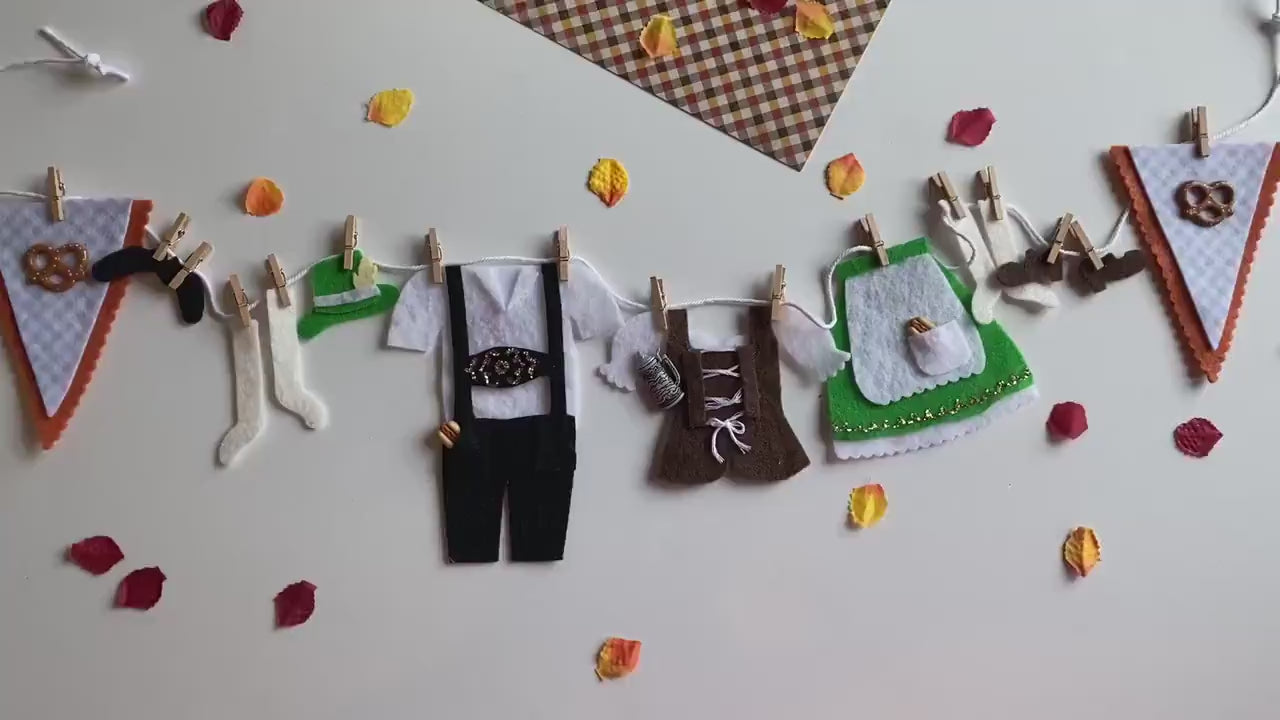 Octoberfest Wench Banner, German Lederhosen Laundry Line Clothesline, Pretzel, Bratwurst and Beer Garland, Wall Hanging October Decoration