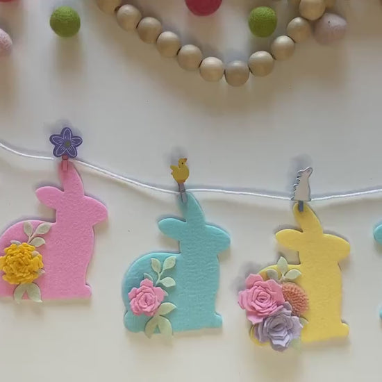 Felt Flower Easter Bunny Banner, Pastel Rabbit Garland, Wall Hanging Decoration