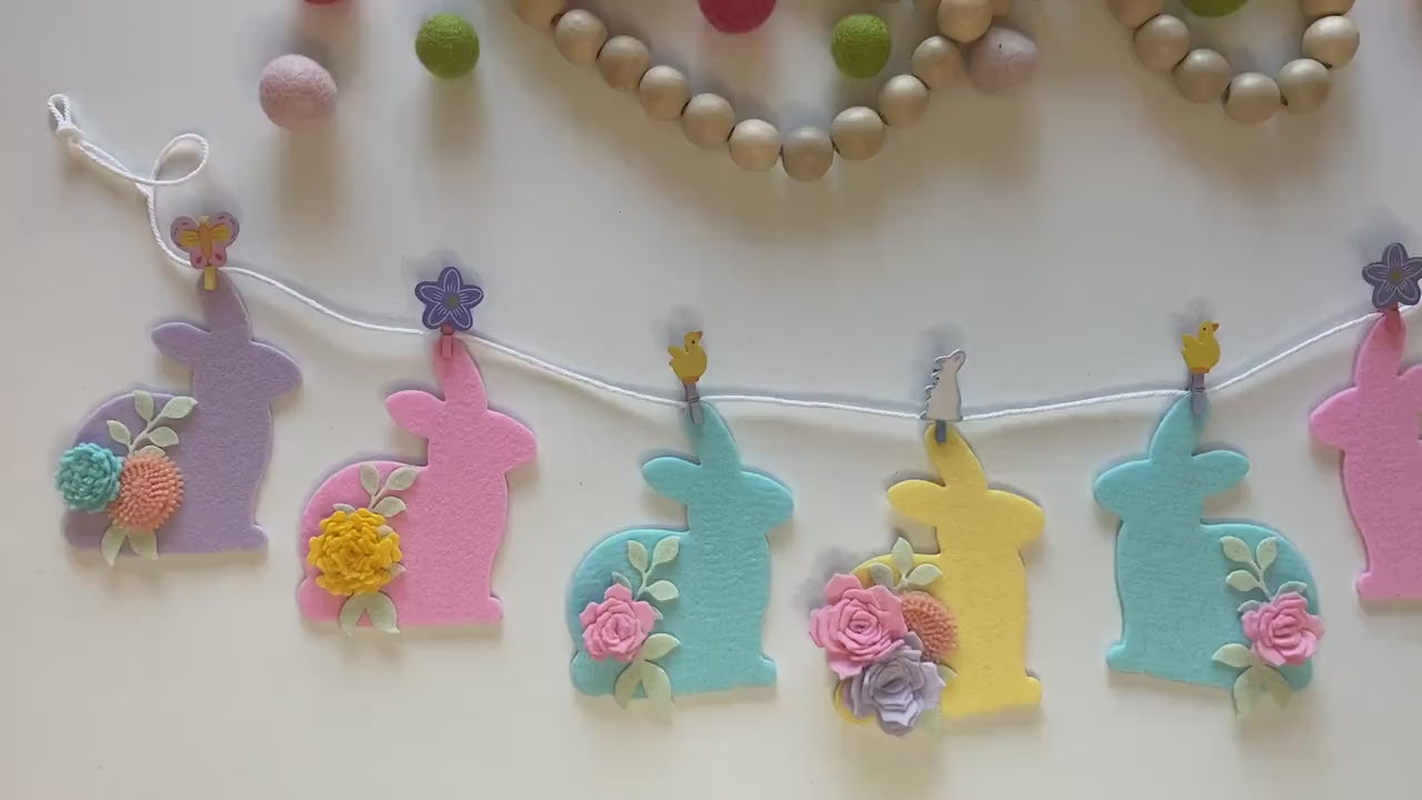 Felt Flower Easter Bunny Banner, Pastel Rabbit Garland, Wall Hanging Decoration