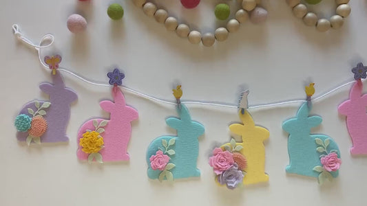 Felt Flower Easter Bunny Banner, Pastel Rabbit Garland, Wall Hanging Decoration