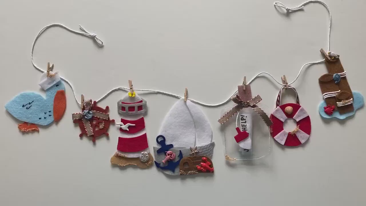Nautical Sailboat Miniature Felt Banner, Lighthouse Garland, Anchor Bunting, Wall Hanging Decoration