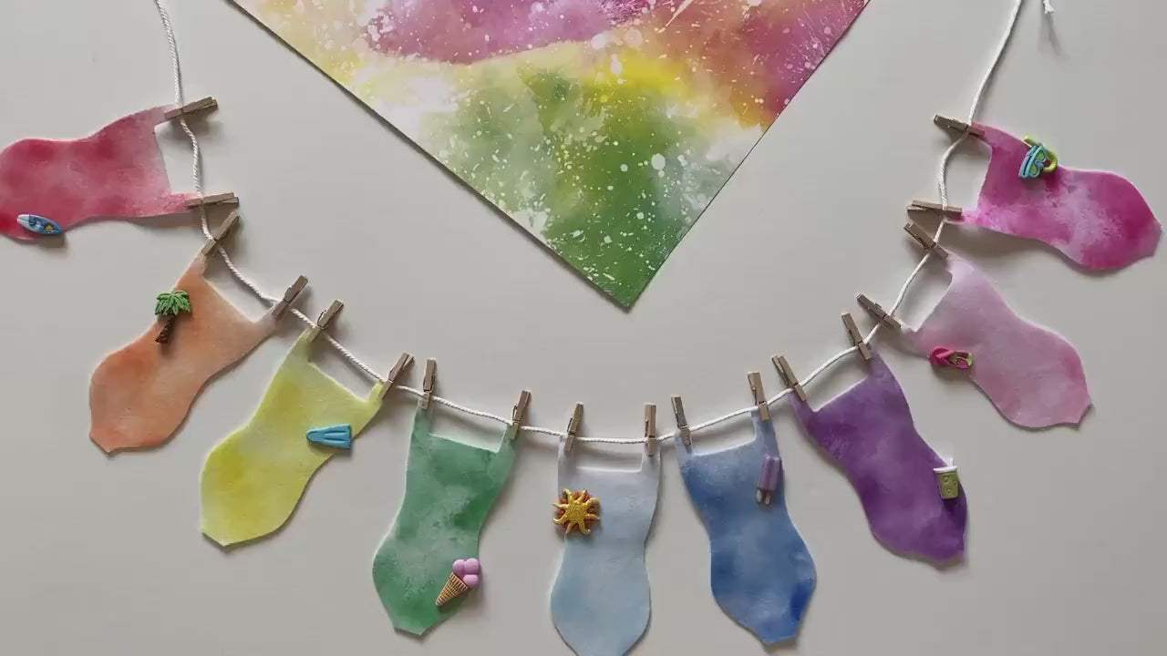 Rainbow Tie Dye Swimsuit Clothesline Banner Summer Bunting Miniature Swimming Garland Felt Wall Hanging for Decoration or Party