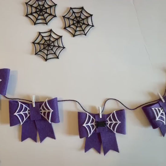 Spooky Bow Banner, Halloween Spiderweb Purple Bow Bunting, October Bow Garland for Home Decor and Parties