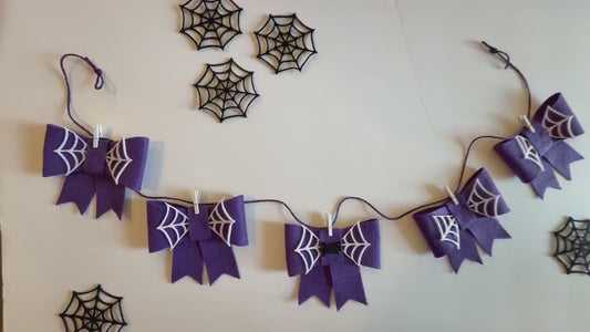 Spooky Bow Banner, Halloween Spiderweb Purple Bow Bunting, October Bow Garland for Home Decor and Parties