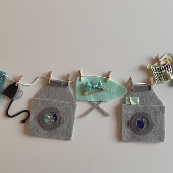 Laundry Room Miniature Felt Banner, Washing Machine Garland, Laundry Day Bunting, Wall Hanging, Decoration with Hanger, Detergent, and Iron