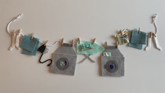 Laundry Room Miniature Felt Banner, Washing Machine Garland, Laundry Day Bunting, Wall Hanging, Decoration with Hanger, Detergent, and Iron
